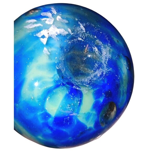 Hand Blown Blue & White Swirl Art Glass Vase With Abstract Fluted Rim 10 Inches - Picture 7 of 14